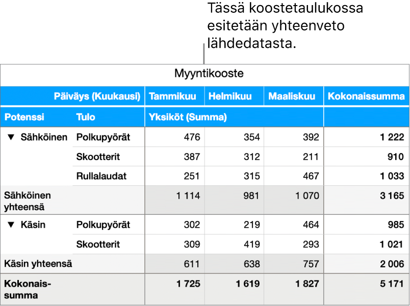 Koostetaulukossa näkyvät yhteenveto datasta polkupyörille, skoottereille ja rullalaudoille ja säätimet tietyn datan näyttämistä varten.