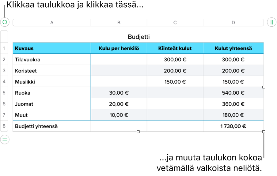 Valittuna taulukko, jossa on valkoiset neliöt koon muuttamiseen.