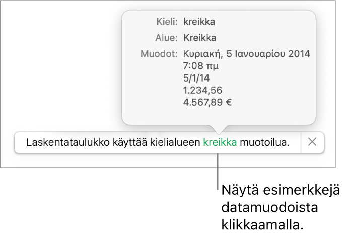 Eri kieli- ja alueasetuksen ilmoitus, jossa on esimerkkejä kyseisen kielen ja alueen muotoilusta.