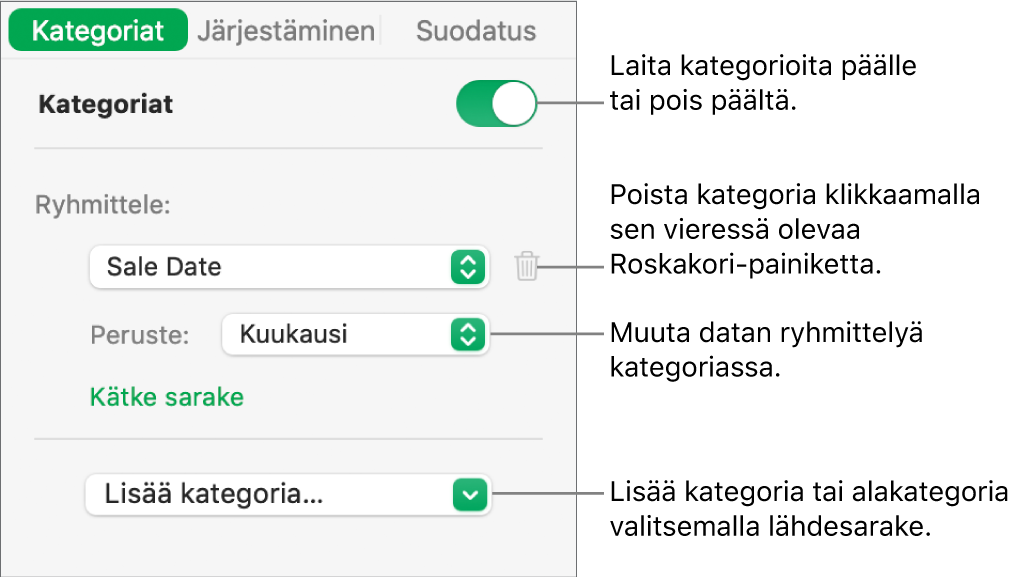Kategorioiden sivupalkki, joka sisältää valinnat kategorioiden laittamiseksi pois päältä ja poistamiseksi, datan ryhmittämiseksi uudelleen, lähdesarakkeen kätkemiseksi ja kategorioiden lisäämiseksi.