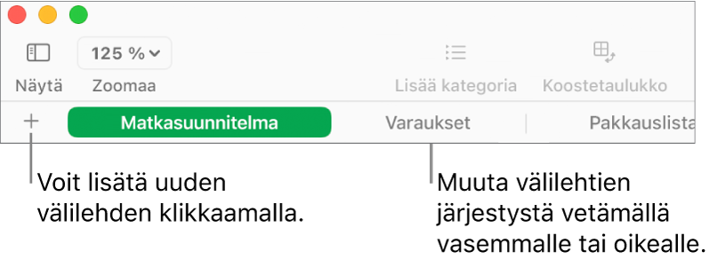 Välilehtipalkki uuden välilehden lisäämiseen ja välilehtien järjestelemiseen.