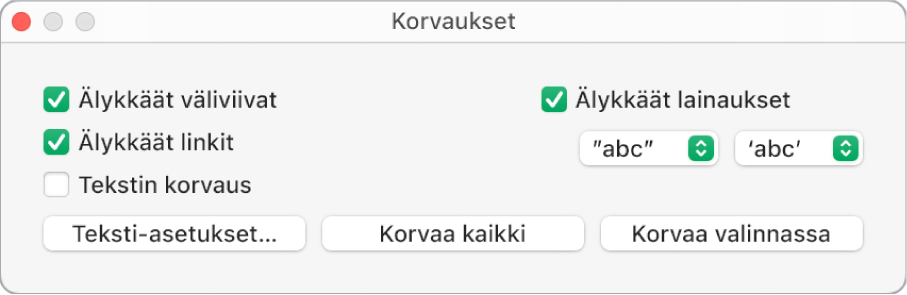 Korvaukset-ikkuna.