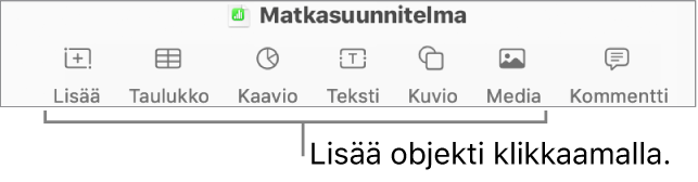 Numbers-työkalupalkki, jossa on Lisää-, Taulukko-, Kaavio-, Teksti-, Kuvio- ja Media-painikkeet.