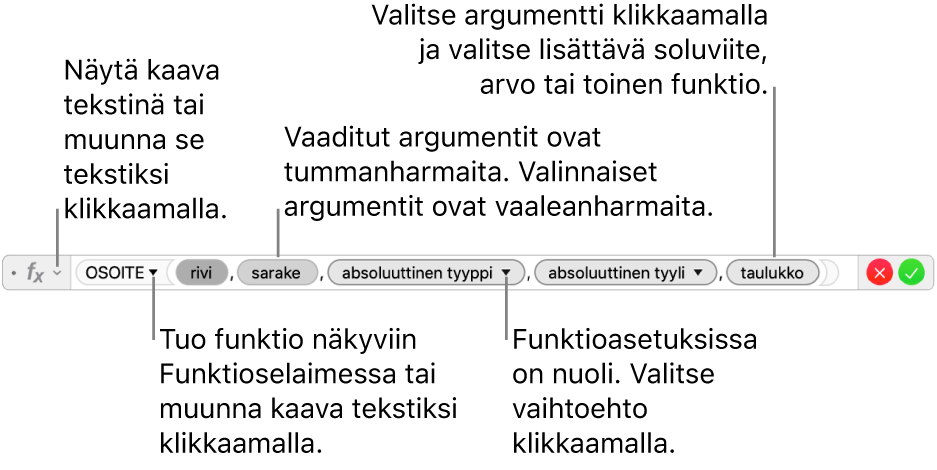 Kaavan muokkaaja, jossa näkyy OSOITE-funktio argumenttimerkkeineen.