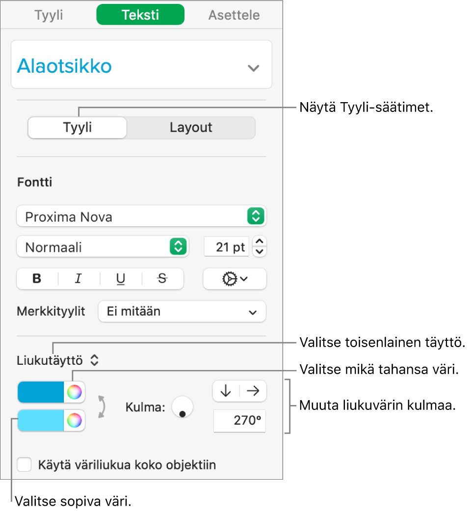 Teksti-sivupalkki, jossa näkyy, miten tekstin väriä voidaan muuttaa.