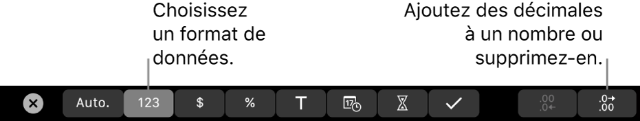 La Touch Bar d’un MacBook Pro affichant des commandes pour choisir un format de données et ajouter ou supprimer des décimales.