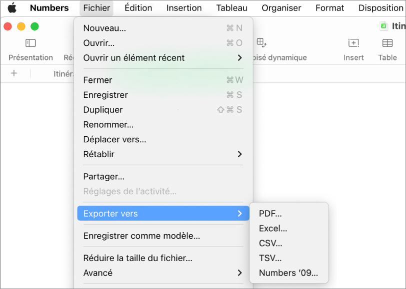 Menu Fichier ouvert avec l’option Exportation vers sélectionnée, le sous-menu correspondant affichant les options d’exportation aux formats PDF, Excel, CSV et Numbers ‘09.