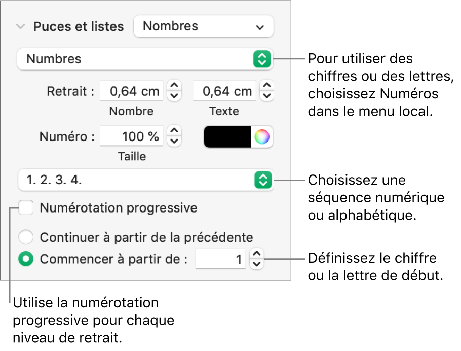 Commandes de modification du style de numérotation et de l’espacement d’une liste.