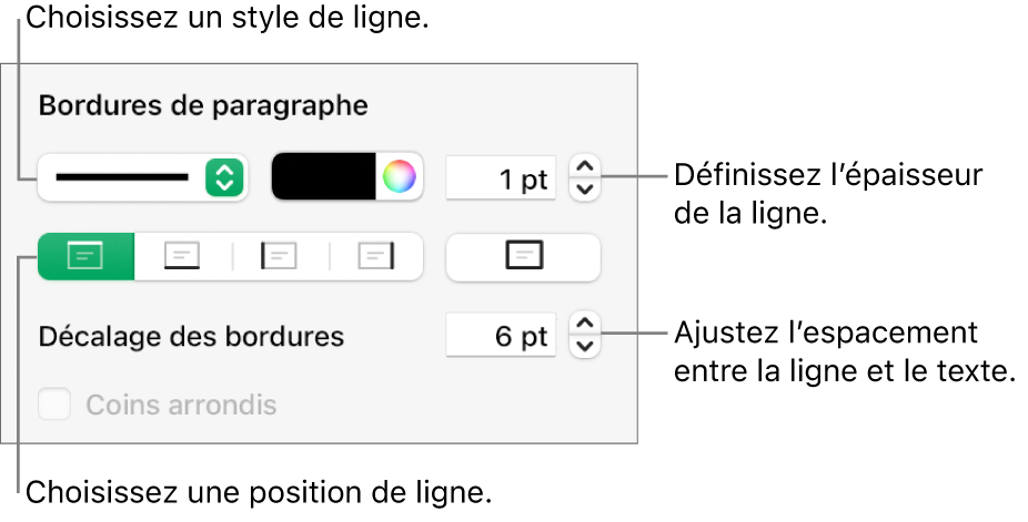 Commandes permettant de modifier le style, l’épaisseur, la position et la couleur de la ligne.