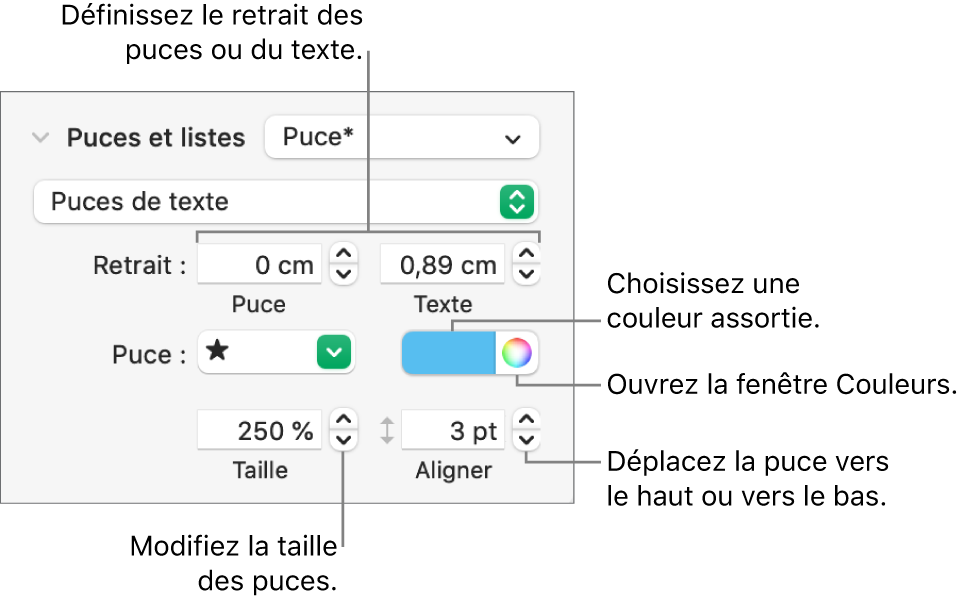 Section Puces et listes accompagnée des légendes des commandes pour le retrait des puces et du texte, la couleur des puces, leur taille et leur alignement.