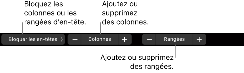 La Touch Bar d’un MacBook Pro affichant des commandes pour bloquer les rangées ou les colonnes d’en-tête et ajouter ou supprimer des rangées ou des colonnes.