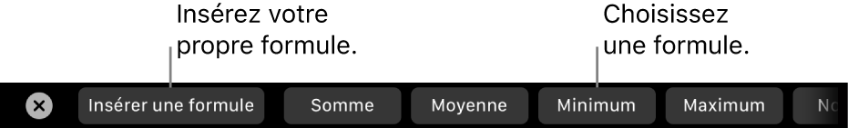 La Touch Bar d’un MacBook Pro affichant des commandes pour choisir parmi les formules courantes ou insérer la vôtre.