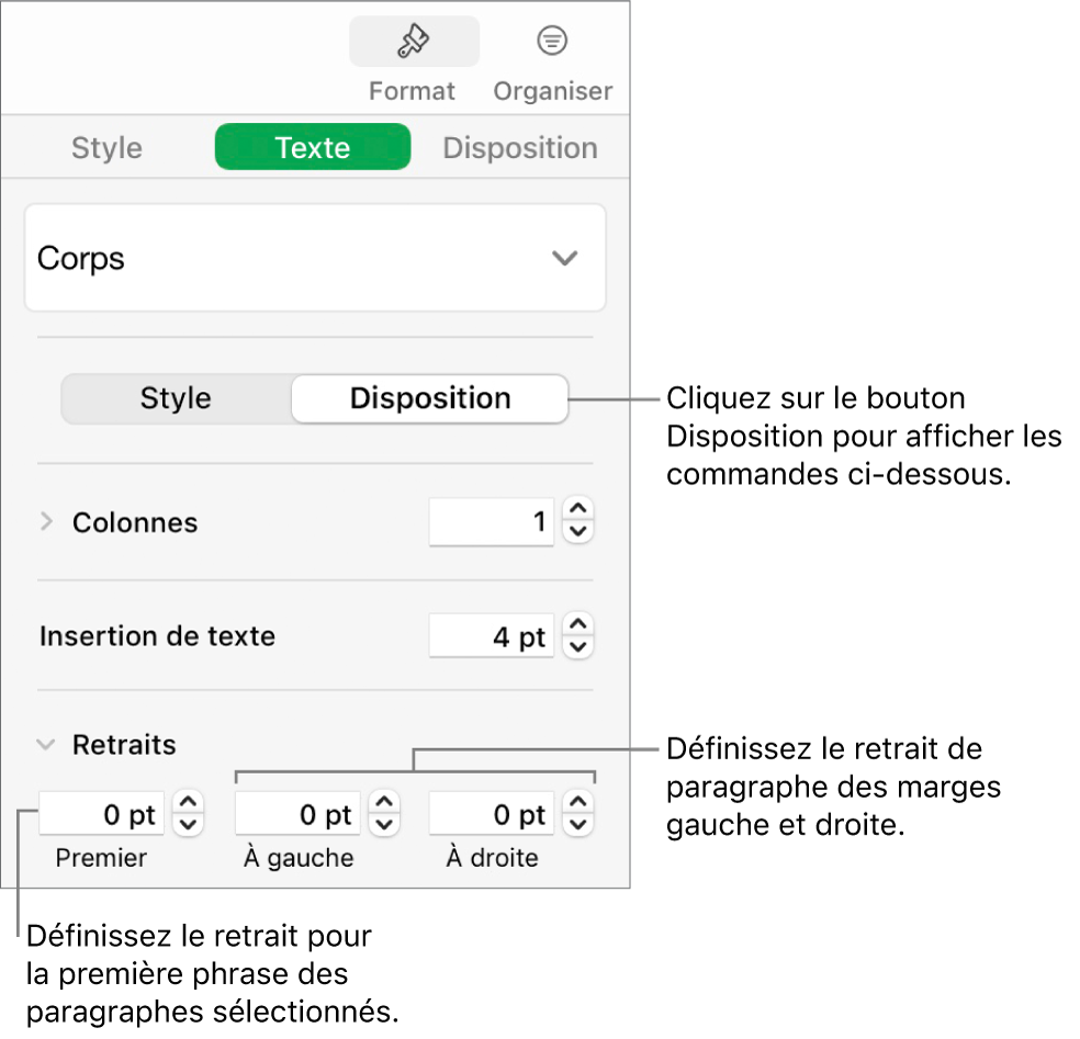 La section Disposition de la barre latérale Format, présentant les commandes définissant le retrait de première ligne et les marges de paragraphe.