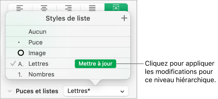 Menu contextuel Styles de liste avec un bouton Mettre à jour situé à côté du nom du nouveau style.