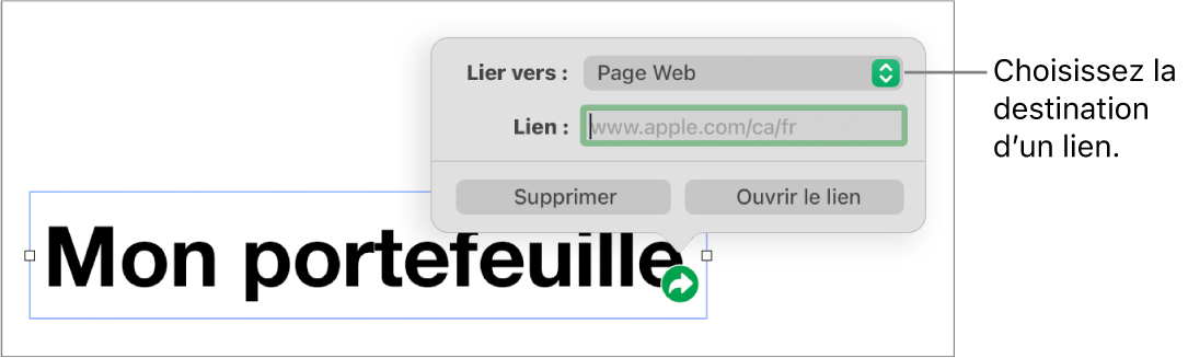 Les commandes de l’éditeur de lien avec l’option Page Web sélectionnée au-dessus des boutons Supprimer et Ouvrir le lien.