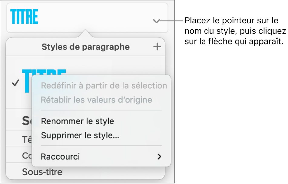 Le menu Styles de paragraphe avec le menu contextuel ouvert.