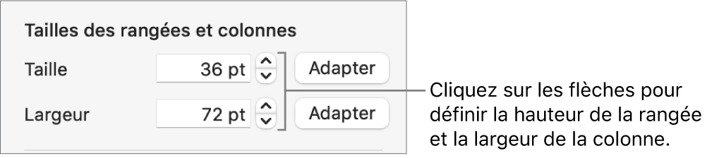 Commandes permettant de définir une taille précise de rangée ou de colonne.