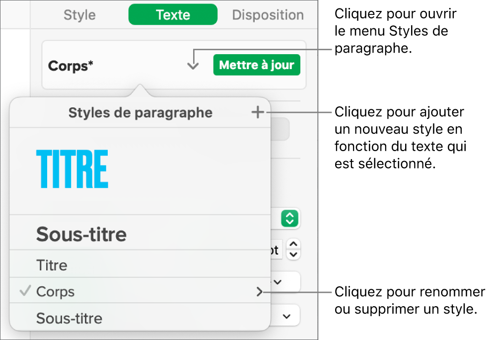 Le menu « Styles de paragraphe », affichant des commandes pour ajouter ou modifier un style.