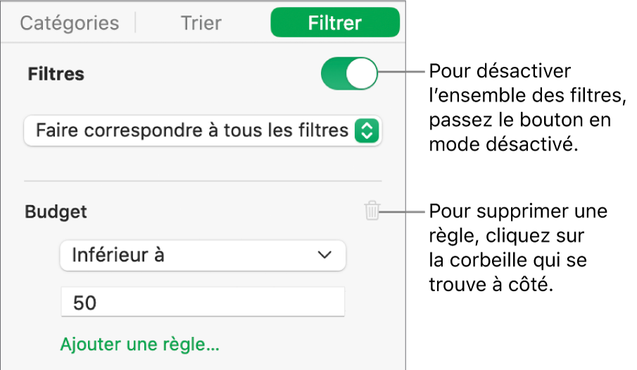 Commandes de suppression d’un filtre ou de désactivation de tous les filtres.