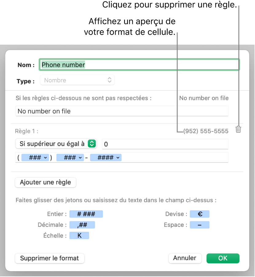 Format de cellule numérique personnalisé avec des règles.