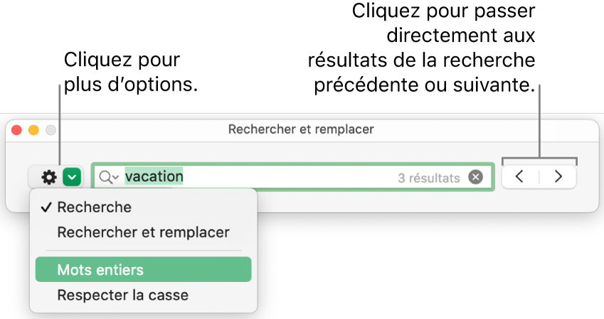 La fenêtre Rechercher et remplacer avec le menu local présentant les options Rechercher, Rechercher et remplacer, Mots entiers et Respecter la casse. Les flèches à droite permettent d’accéder directement aux résultats de recherche suivants ou précédents.