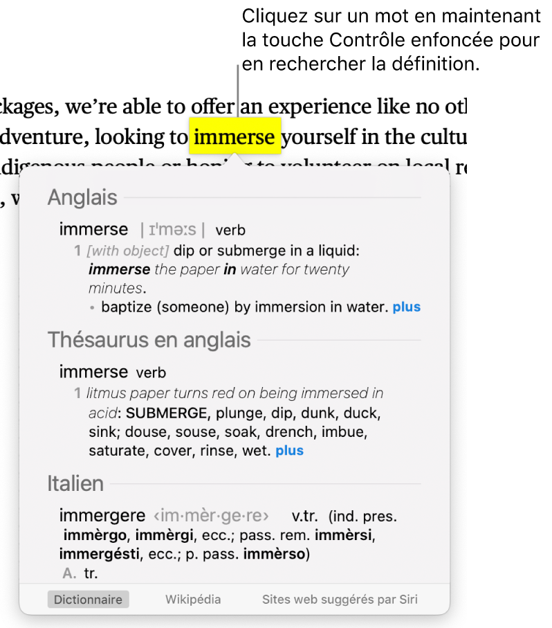 Un texte avec un mot surligné et une fenêtre contenant sa définition et des synonymes. Trois boutons en bas de la fenêtre fournissent des liens vers le dictionnaire, Wikipédia et des sites web suggérés par Siri.