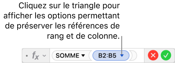 L’éditeur de formules avec un triangle sur lequel vous pouvez cliquer pour accéder aux options permettant de conserver les références de rang et de colonne.