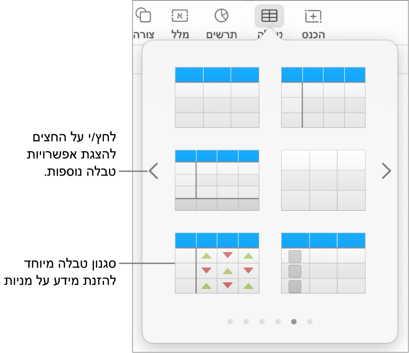 תפריט הטבלה מציג תמונות ממוזערות של סגנונות טבלה עם סגנון מיוחד להזנת פרטי מניות בפינה הימנית התחתונה. שש הנקודות בתחתית מציינות שניתן להחליק כדי לראות סגנונות נוספים.