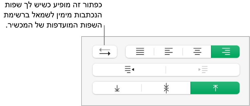 הכפתור ״כיוון פיסקה״ במקטע ״יישור״ של סרגל הצד ״עיצוב״.