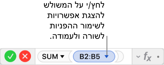 ״עורך הנוסחאות״ עם משולש שצריך ללחוץ עליו כדי לפתוח אפשרויות לשמירה על ההפניות של העמודות או השורות.