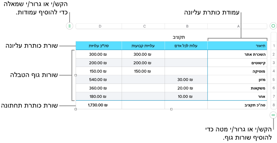 טבלה עם שורות ועמודות כותרת עליונה, גוף טבלה וכותרת תחתונה ועם ידיות אחיזה להוספה או מחיקה של שורות או עמודות.