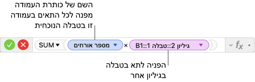 עורך הנוסחאות מציג נוסחה המפנה לעמודה בטבלה אחת ולתא בטבלה אחרת.