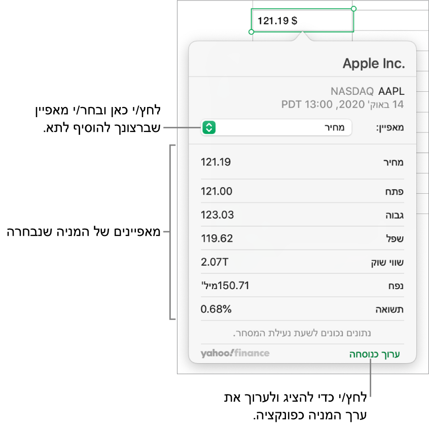 תיבת הדו-שיח להזנת פרטי מאפיינים של מניות, עם Apple כמניה הנבחרת.