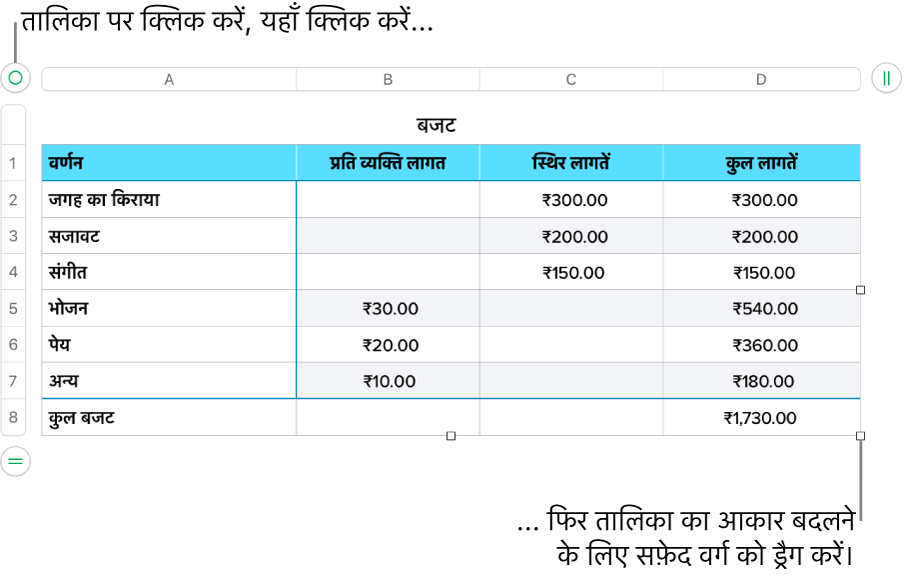 आकार बदलने के लिए सफ़ेद वर्गों के साथ चयनित टेबल।