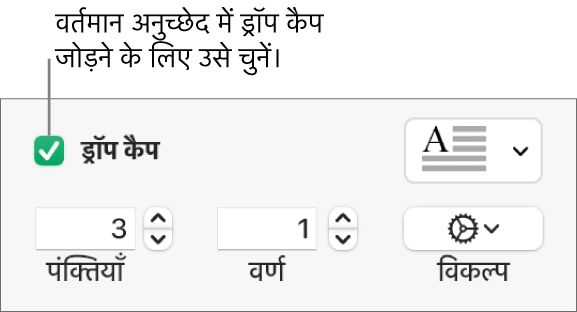 ड्रॉप कैप चेकबॉक्स चुना जाता है, और उसके दाईं ओर पॉप-अप मेनू दिखाई देता है; पंक्ति ऊँचाई, वर्णों की संख्या के नियंत्रण और अन्य विकल्प उसके नीचे दिखाई देते हैं।