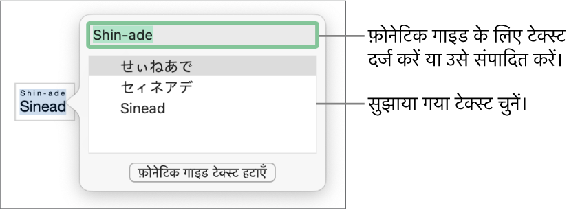 फ़ोनेटिक गाइड किसी शब्द के लिए टेक्स्ट फ़ील्ड के कॉलआउट और सुझाए गए टेक्स्ट के साथ खुलती है।