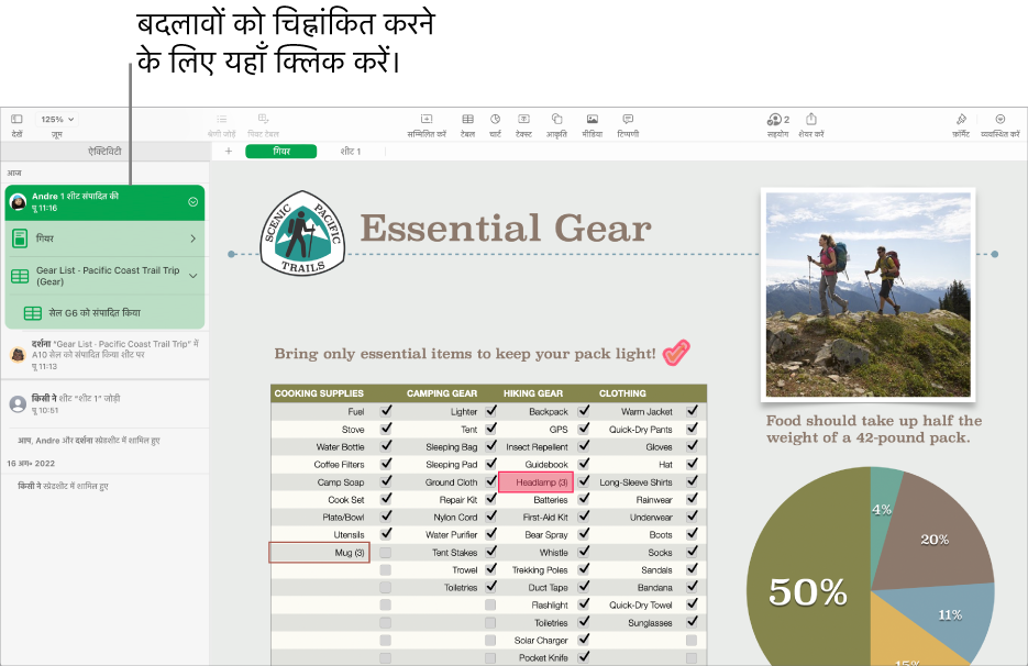 सहयोगात्मक स्प्रेडशीट जिसमें सहयोग मेनू और ऐक्टिविटी सूची, दोनों खुले हैं।