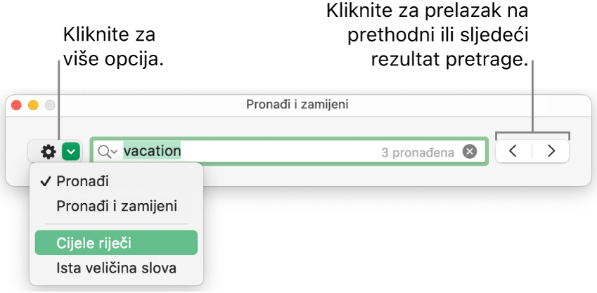 Prozor Pronađi i zamijeni sa skočnim izbornikom koji prikazuje opcije za Pronađi, Pronađi i zamijeni, Cijele riječi i Uskladi veličinu slova. Strelice na desnoj strani omogućuju vam da preskočite na prethodne ili sljedeće rezultate pretraživanja.