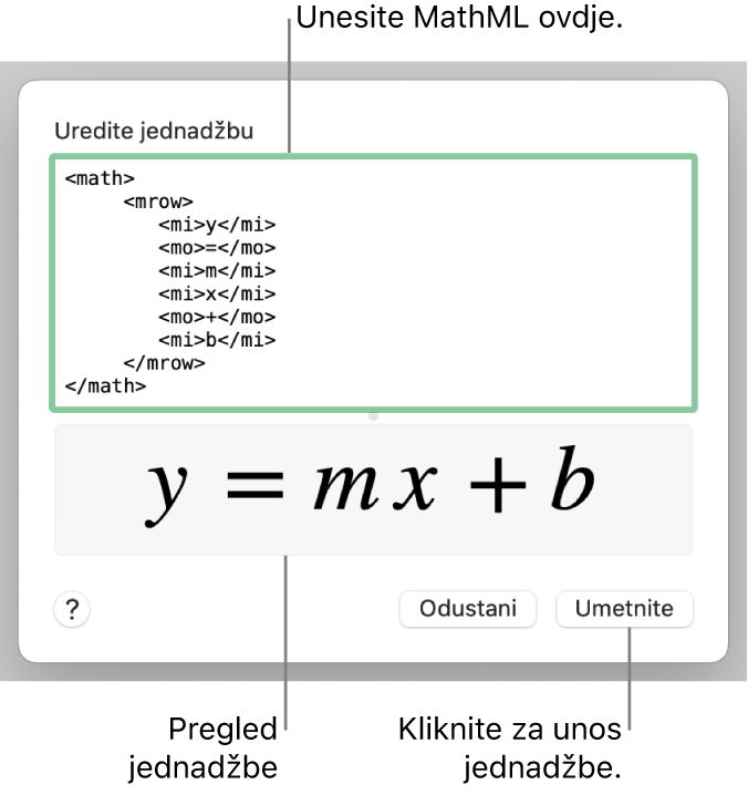Jednadžba za nagib linije u polju Uredi jednadžbu, i pregled jednadžbe u nastavku.