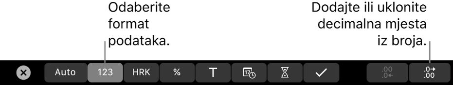 MacBook Pro Touch Bar s kontrolama za odabir formata podataka i dodavanje ili uklanjanje decimalnih mjesta iz broja.