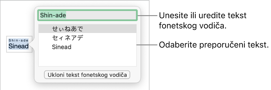 Fonetski vodič otvoren za riječ, s balončićima za polje teksta i predloženi tekst.