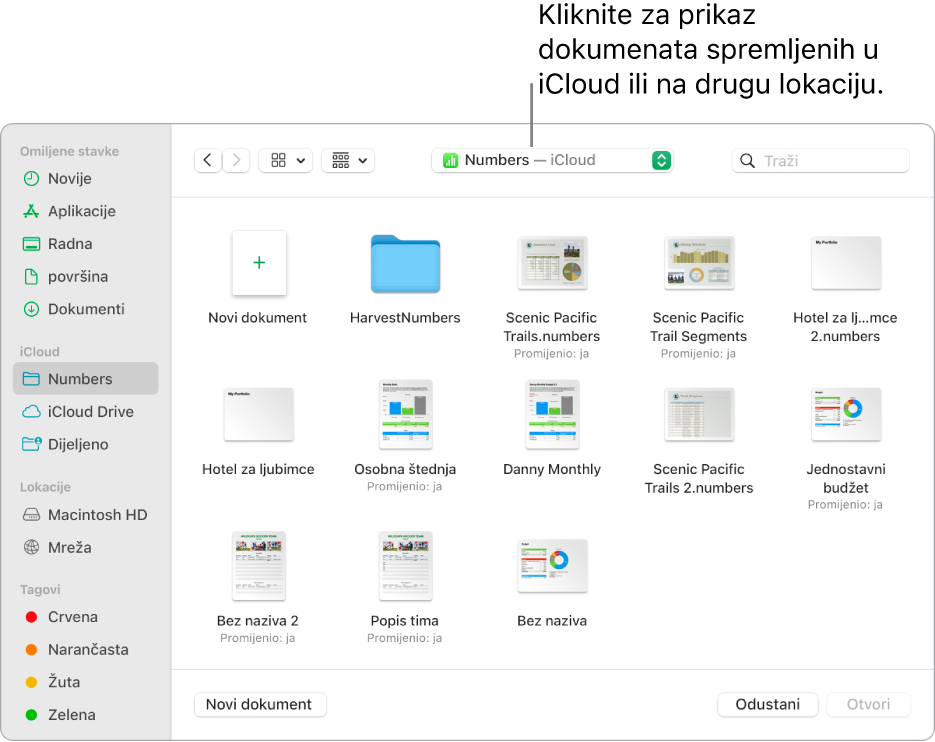 Dijaloški okvir Otvori s otvorenim rubnim stupcem na lijevoj strani i iCloud Drive odabran u skočnom izborniku na vrhu. Mape za aplikacije Keynote, Numbers i Pages pojavljuju se u dijaloškom okviru uz tipku Novi dokument.
