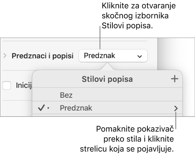 Skočni izbornik Stila popisa s jednim odabranim stilom i strelicom na kraju desne strane.