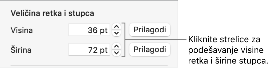 Kontrole za precizno podešavanje veličine retka ili stupca.