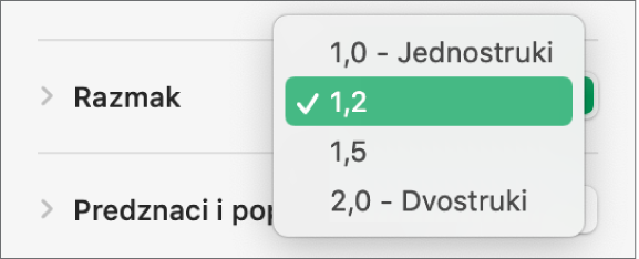 Skočni izbornik Razmak s opcijama Jednostruki, Dvostruki i drugim opcijama.