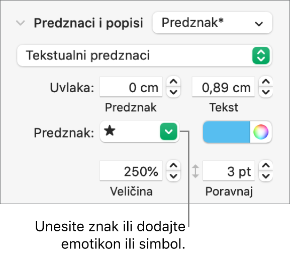 Odjeljak Grafičke oznake i popisi stupca Formatiraj. Polje Grafičke oznake prikazuje emotikon zvjezdice.