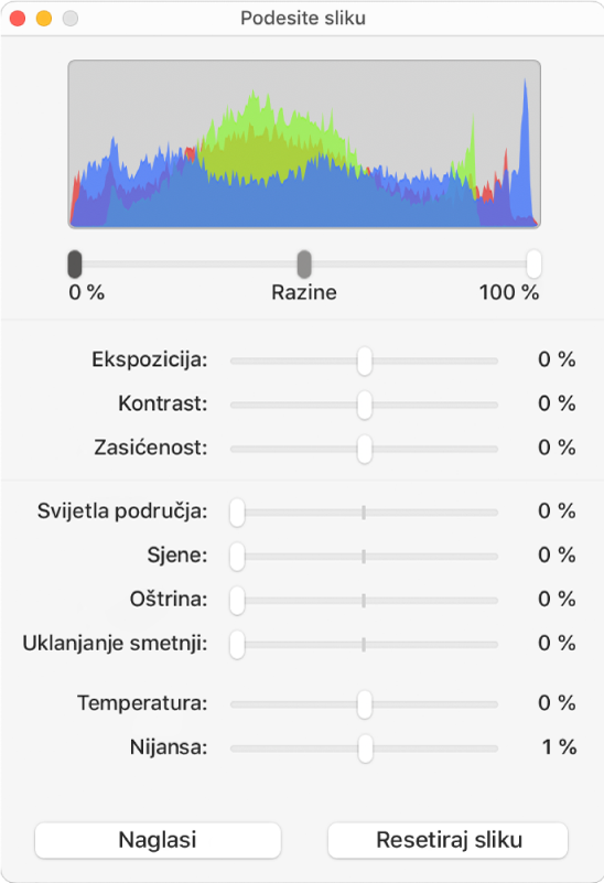 Prozor Podesi sliku s kliznicima za podešavanje ekspozicije, kontrasta, zasićenosti, isticanja, sjena, oštrine, uklanjanja smetnji, temperature i nijanse.