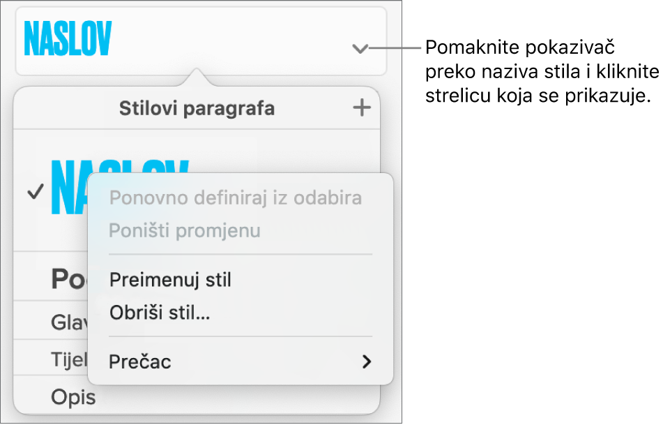Izbornik stilova paragrafa s otvorenim izbornikom prečaca.