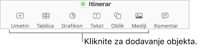 Prozor aplikacije Numbers s oblačićima na tipke objekta na alatnoj traci.