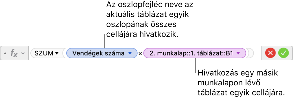 A képletszerkesztő, egy táblázat oszlopára és egy másik táblázat cellájára hivatkozó képlettel.